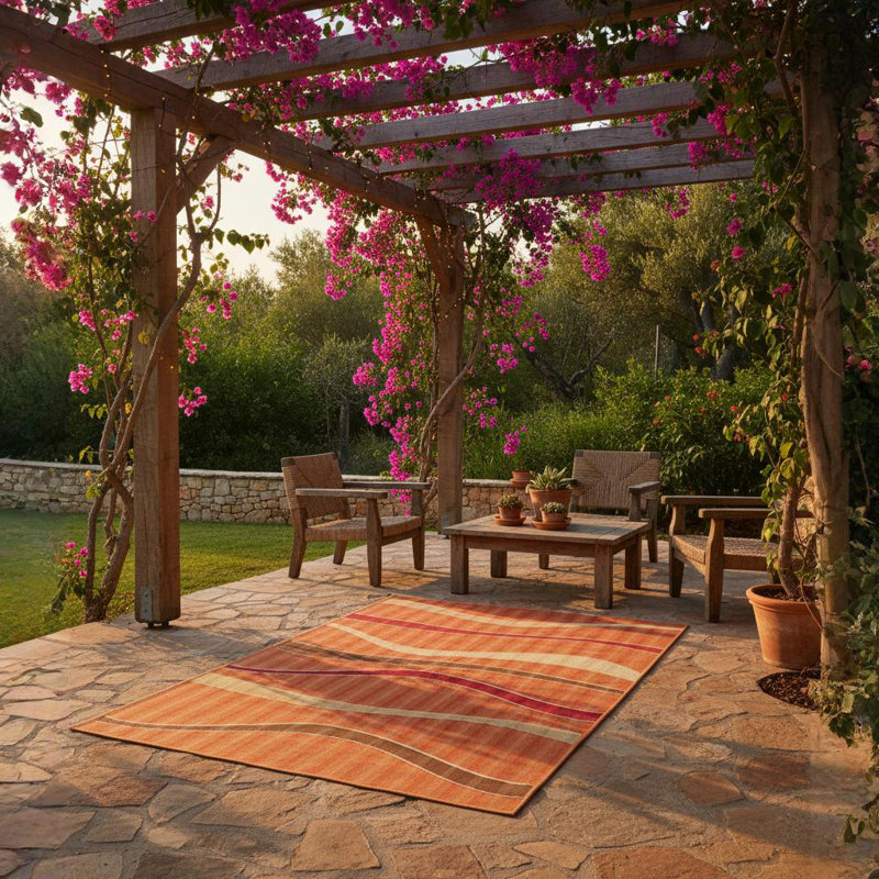 Bester Performance Indoor/Outdoor Orange, Cream, Brown Swirls Machine Woven Area Rug, Rectangle 7'2" x 10'5"