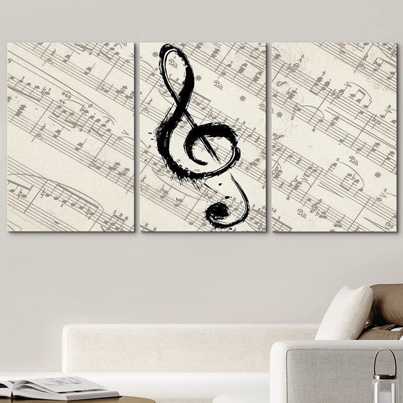 Music Note on Score Paper Musical Room Decor Gallery Wrapped Canvas 3 Piece Print Set Wall Art, 16" H x 24" W x 5.75" D