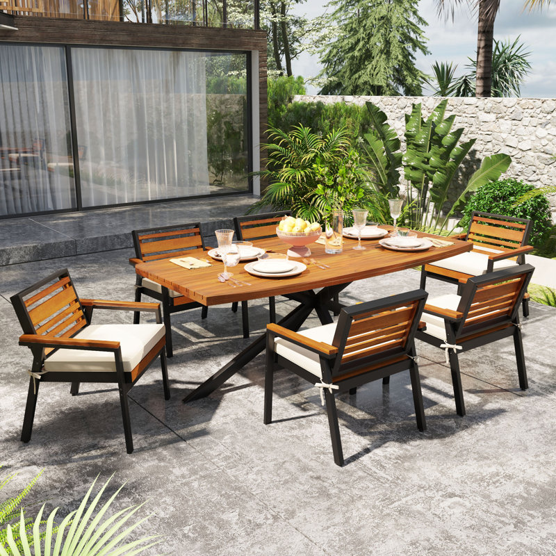 Modern 7-Piece Dining Set, Acacia Wood with Iron Frame, 6 Chairs with Dual-Layer Iron & Wood Seat Frame and Detachable Cushions, Outdoor/Indoor Furniture for Patio and Garden, Beige