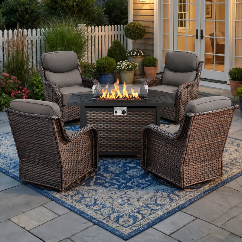 4 - Person Patio Furniture Chair Set With Fire Pit Table, 4 Swivel Glider Chairs With 6-Inch Cushions, Brown, Gray