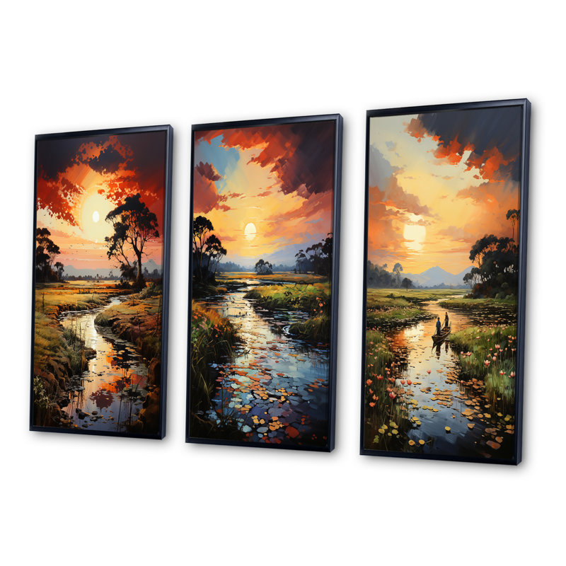 «Vietnam River Delta Sunset», 3 pièces sur toile, Cadre noir, H 40 po x l 60 po