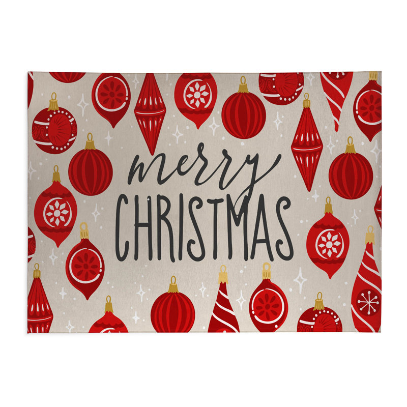 Ornaments Merry Christmas Ivory Low Profile Kitchen Mat, Rectangle 4' x 6', Ivory