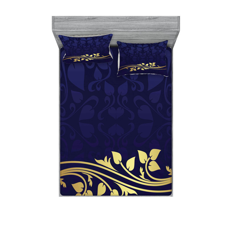 Drap-housse et coussin décoratif à motif floral Ambesonne, indigo mauve, Ensemble de draps pour taille de lit très grand +