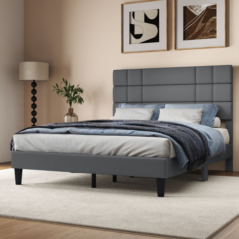 Lit plateforme tapissier, Gris, Grand