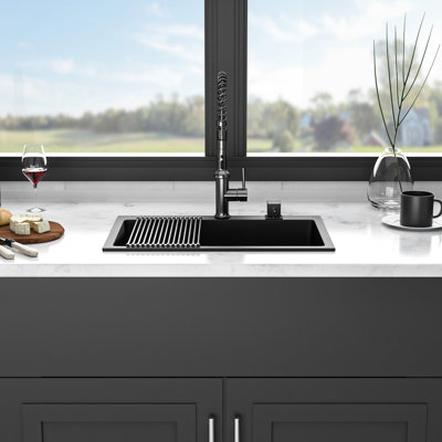 Quartz Composite Sink 33X22", Black Granite Appearance, And Stable, Minimizes Dirt Mess, Quiet Hygienic Functionality , , Smooth Surface Dirt, Operation