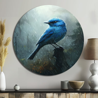 Bluebird In The Forest Rain II - Bird Round Metal Wall Decor, Modern Blue Metal Art Print