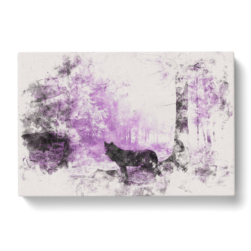 Black Wolf in a Purple Forest - Wrapped Canvas Graphic Art Print, 60cm H x 91cm W x 3cm D