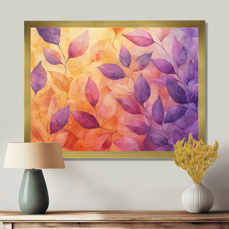 «Inbar Sunset Leaves I» - art mural grandes feuilles, H 24 po x l 32 po, Toile tendue, Ne s’applique pas