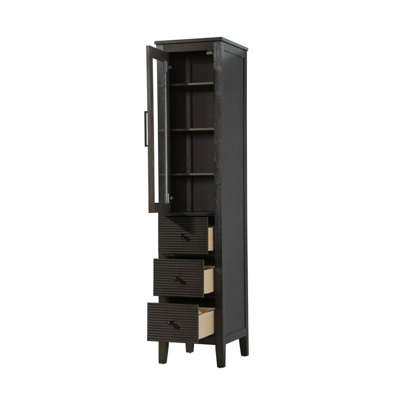 16 Inch Bath Storage Glass Cabinet in Chocolate Oak, Chocolate Oak, 72" H x 16" W x 18" D