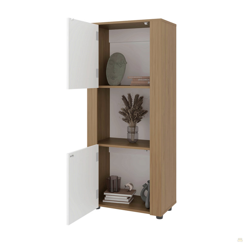 Bibliothèque Hyder avec portes supérieure et inférieure, tablette centrale ouverte et conception verticale, chêne naturel / blanc