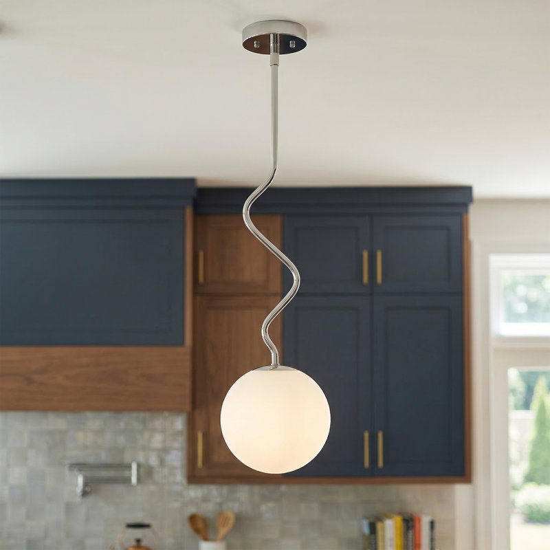 S-Curve Globe Pendant with White Jade Glass, Chrome