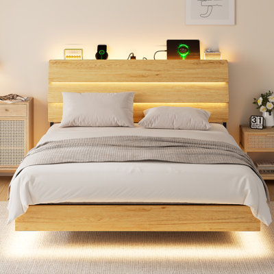  Base de lit flottante pleine grandeur avec DEL et station de charge, structure de lit plateforme en métal avec tête de lit, aucun sommier requis, sans bruit, facile à assembler, chêne