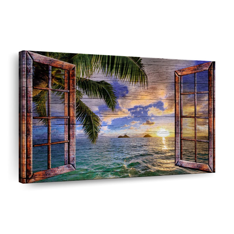 Impression sur toile de fenêtre tropicale en bois, H 34 po x l 51 po x P 1,25 po