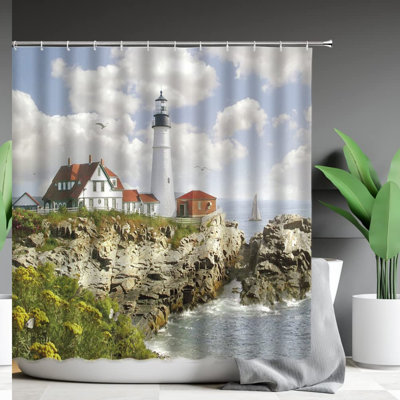 Coastal Serenity Nautical Shower Curtain - Ocean Wave & Lighthouse Bath Decor