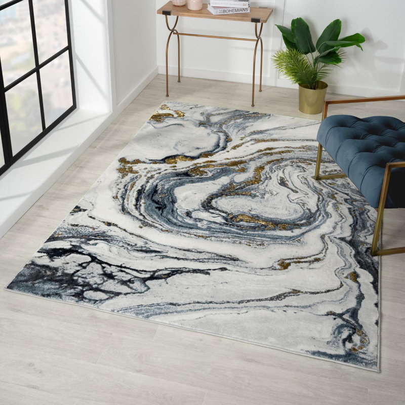 Gangleri Blue Gold Marble Area Rug, Rectangle 8' x 10'