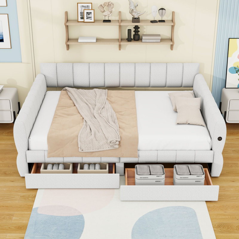 Queen Two Drawers Upholstered Platform Bed with USB, White