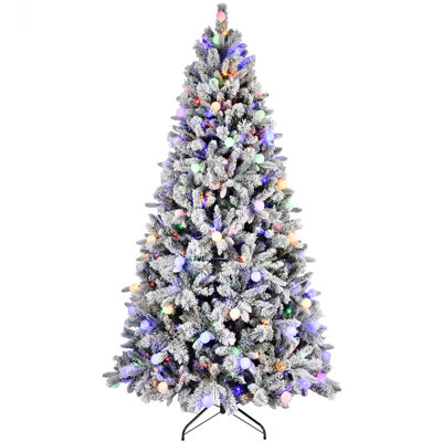 7.5Ft Flocked Christmas Tree With 400L Colorful LED Lights  With G45 Ball, Realistic PE+PVC+Hard Needle Hinged Tree With Memory Wire, 10 Lighting Modes, Foot Switch & Stable Metal Stand