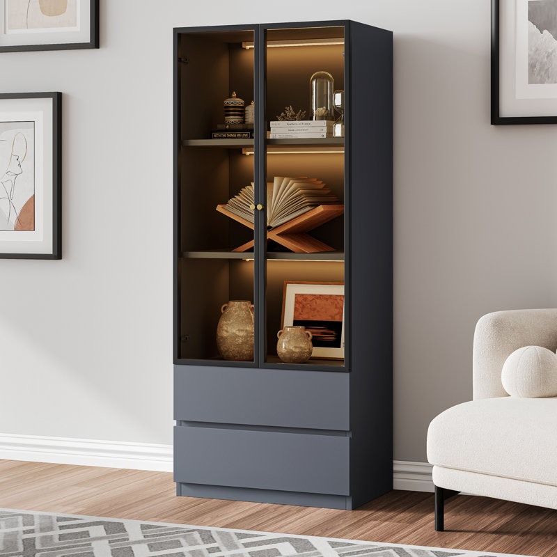 Gray Glass Display Cabinet with Storage for Collectibles, Wood 3-Tier Display Case with Glass Doors and 2 Drawers , Modern Hutch Curio Cabinet for Living Room and Kitchen