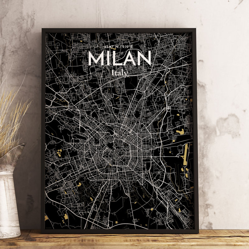 Milan City Map - Unframed Graphic Art Print on Paper, 43.2cm H x 27.9cm W x 0.13cm D, Black