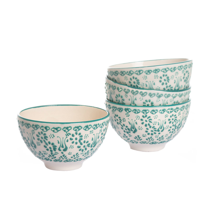 Hand Painted Ceramic Handmade Ceramic Rice Bowl, White/Green