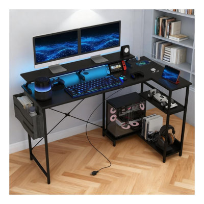 Reversible L-Shaped Corner Computer Desk with Built-In Charging Station, Black Office Workstation