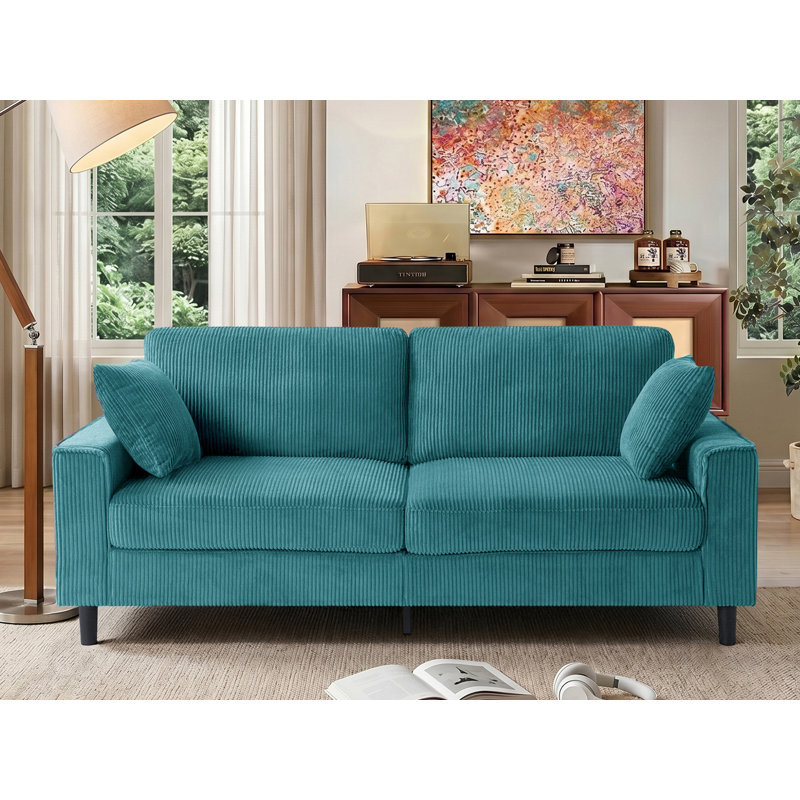 Canapé 82 po en velours côtelé 82 po avec 2 coussins, Bleu paon