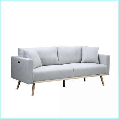 Modern 75'' Light Gray Linen Sofa with USB Ports, Magazine Pockets &amp; Pillows for Living Room | Light Gray | Linen | Square Arms