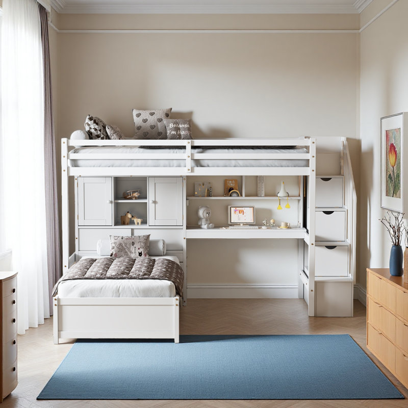 Lit mezzanine simple au-dessus de simple avec bureau intégré et escalier, avec compartiments de rangement et tablettes, Blanc