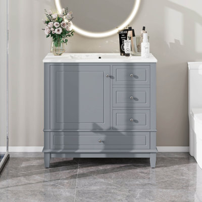 Meuble-lavabo sur pied 36 po avec lavabo en céramique, panneau de fibres à densité moyenne et base en bois massif, 3 tiroirs et tablettes