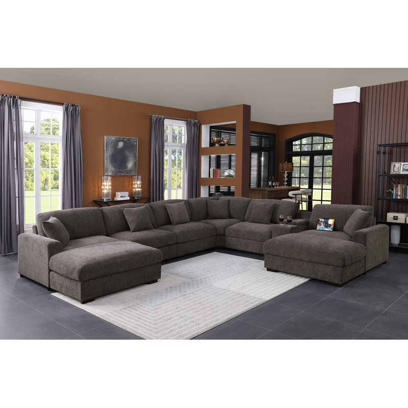 Canapé modulaire d'angle rembourré 8 places avec console et deux repose-pieds Modern, Chenille grise foncée