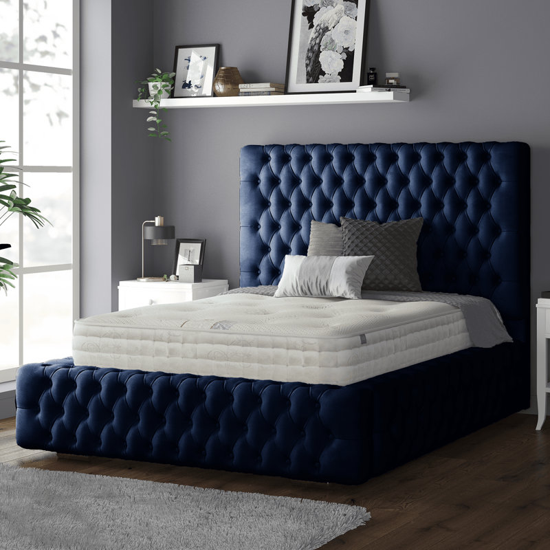 Clovis Upholstered Bed, Royal Blue, Double (4'6), Plush Velvet