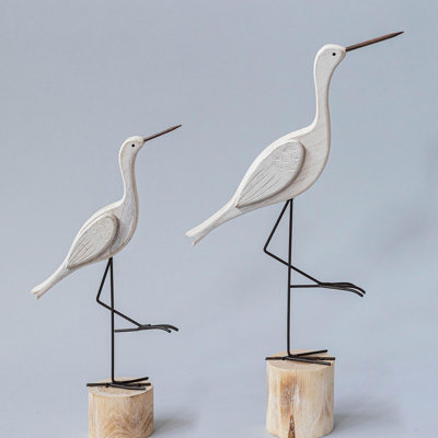 Ensemble de 2 figurines en bois oiseaux blancs sur bûches