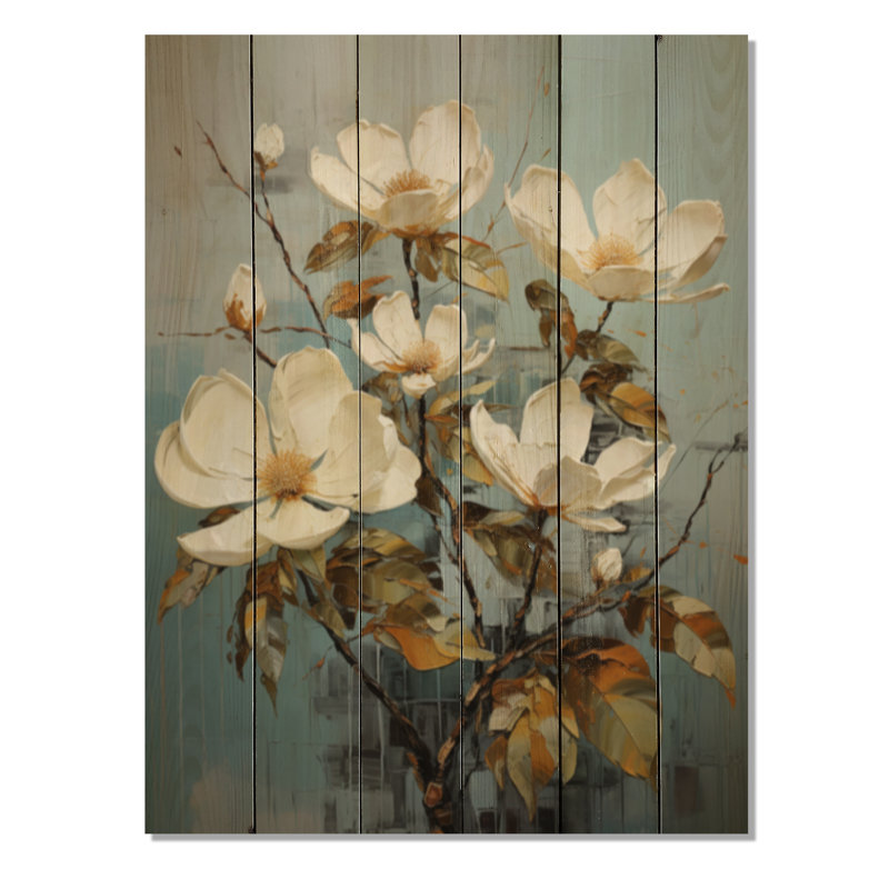 Blanc blanc vert Magnolias Southern Patchwork sur bois imprimé, H 40 po x l 30 po x P 0,78 po