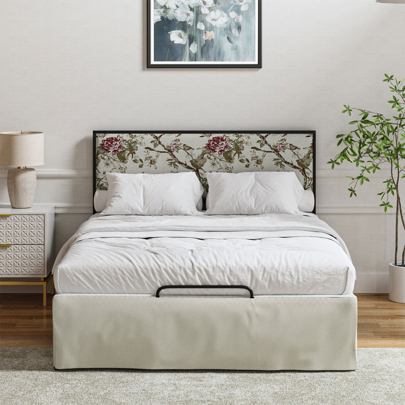 Neilius Upholstered Platform Bed with Washable Slipcover, King, Pattern Flower