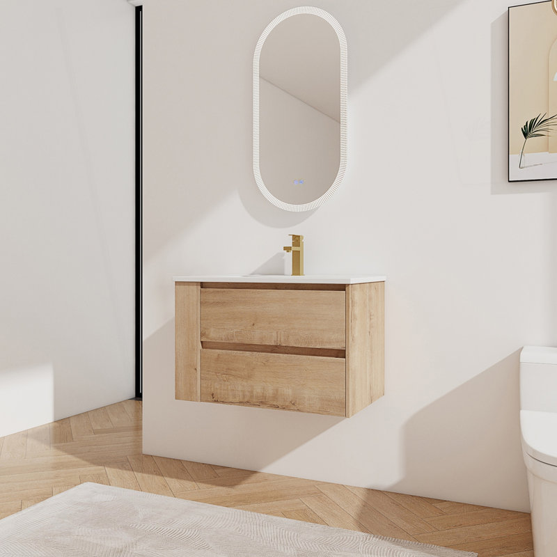 Meuble-lavabo mural avec lavabo en céramique, Imitation de chêne
