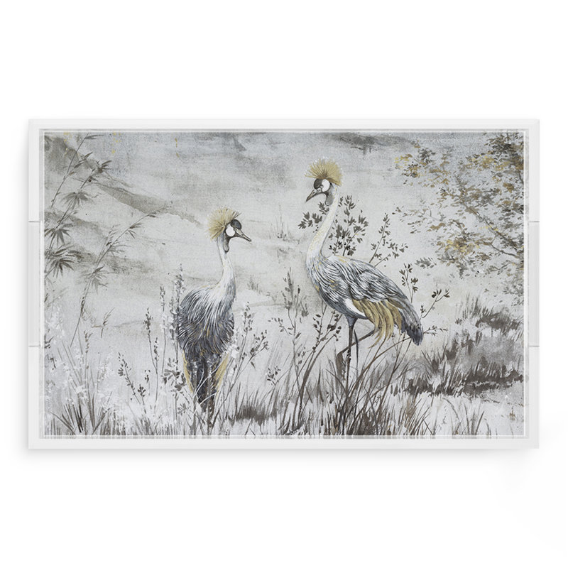 Crested Crane Silver Gold Acrylic Rectangle Decorative Tray, 22.5"W x 14.5"D x 2"H