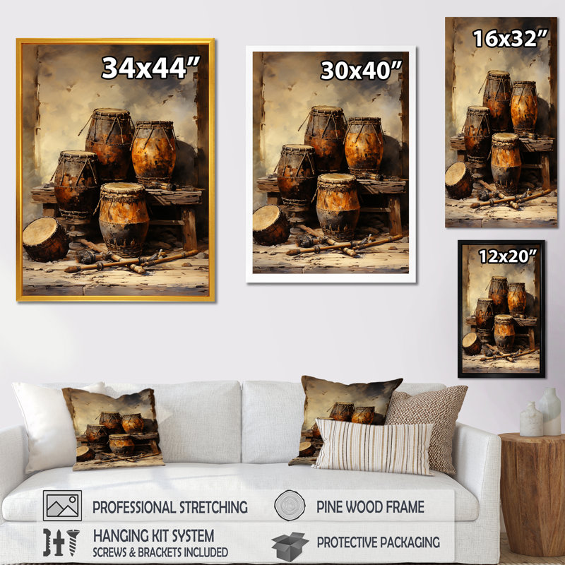 «Brown Music Drums Rhythm Revicat III - Music, art mural», Toile tendue, 32" H x 24" W