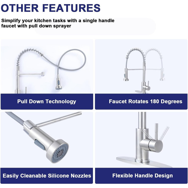 Kitchen Faucet 2-Function Pull Down Design with Deck Plate and High Arc Spring Neck Spout, Brushed Nickel