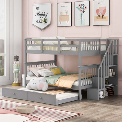 Lit superposé double avec lit gigogne, rangement et garde-corps pour chambre à coucher avec escalier