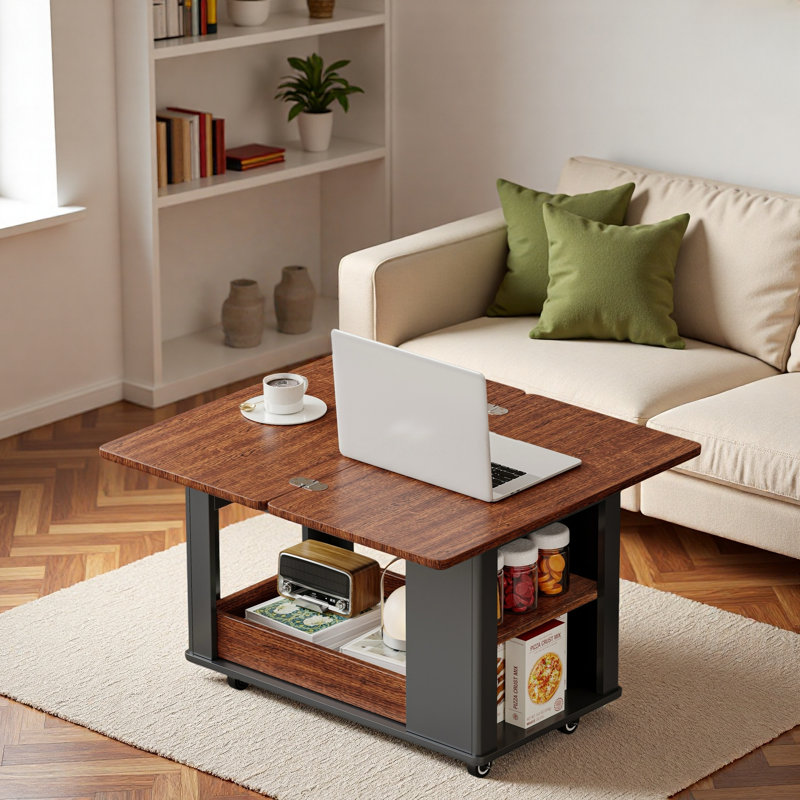 Table basse moderne multifonctionnelle avec plateau pliable, roulettes et rangement à plusieurs niveaux, Noir