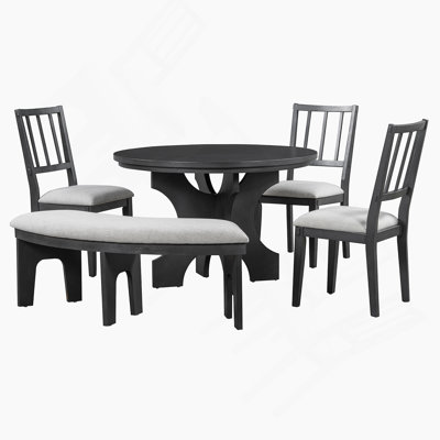 5-Piece Round Dining Set, Dining Table With 3 Upholstered Chairs And One Curved Bench For Dining Room, Kitchen And Living Room
