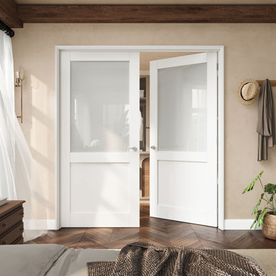 Porte française en verre givré 72 "x 80" demi-Lite avec charnières argentées, plaque de porte d'intimité en verre avec cadre, porte intérieure française comme porte de garde-manger, porte de chambre à coucher, porte de buanderie, portes de placard, portes de chambre, loquet et levier de porte inclus