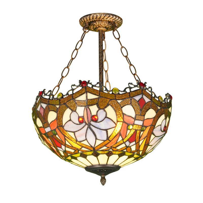 3-Light Baroque Tiffany Glass Semi Flush Mount With Bulbs