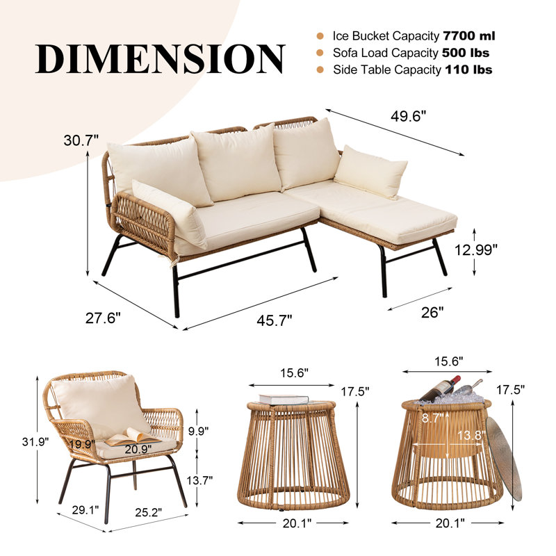 Alfhild 6 Piece Wicker Boho Patio Furniture Set with Ice Bucket Table, Outdoor Conversation Set, Sectional Seating Group