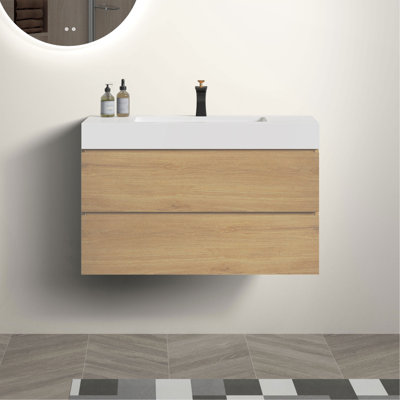 Meuble-lavabo mural 36 po en chêne avec lavabo noir, grand meuble-lavabo flottant mural pour salle de bain moderne, lavabo une pièce noir sans drain, pré-assemblé