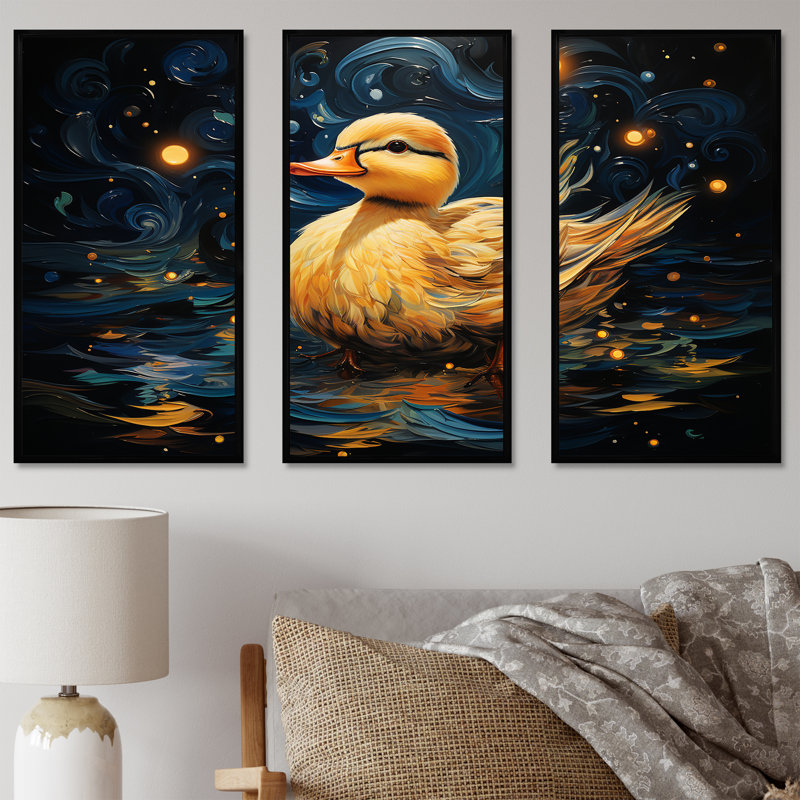 «Yellow Duck Starry Night Wonders», art mural animal canard, Cadre flottant noir, H 28 po x l 36 po