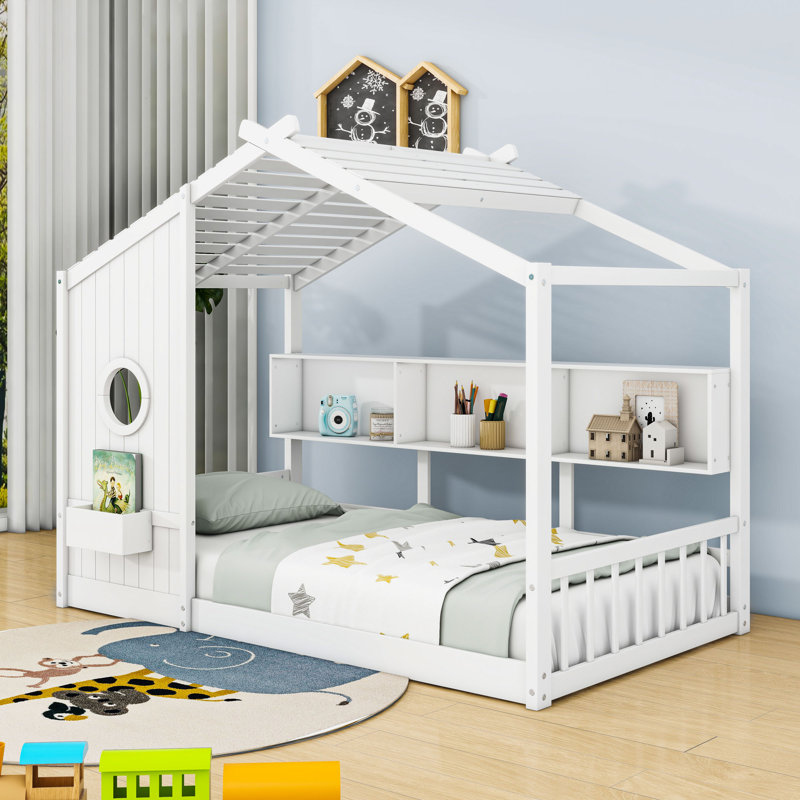 Lit de jeu avec toit et tablettes de rangement, Simple, Blanc