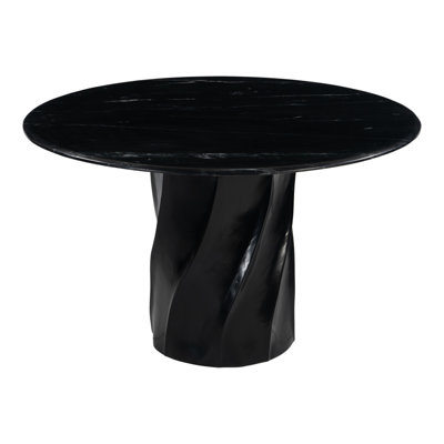 Gracie Mills 48" Black Marble and Wood Pedestal Base Round Top Dining Table