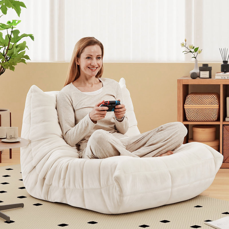 Boneless Armless Lazy Sofa Bean Bag Floor Chair - Soft Dutch Velvet Upholstery - Fun Design for Living Room, Beige