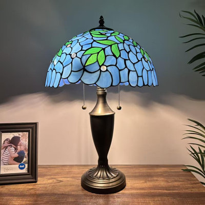 Tiffany Table Lamp Blue Stained Glass Green Leaves LED Bulb Included for Living Room Bedroom Bedside 14"W*14"D*21"H